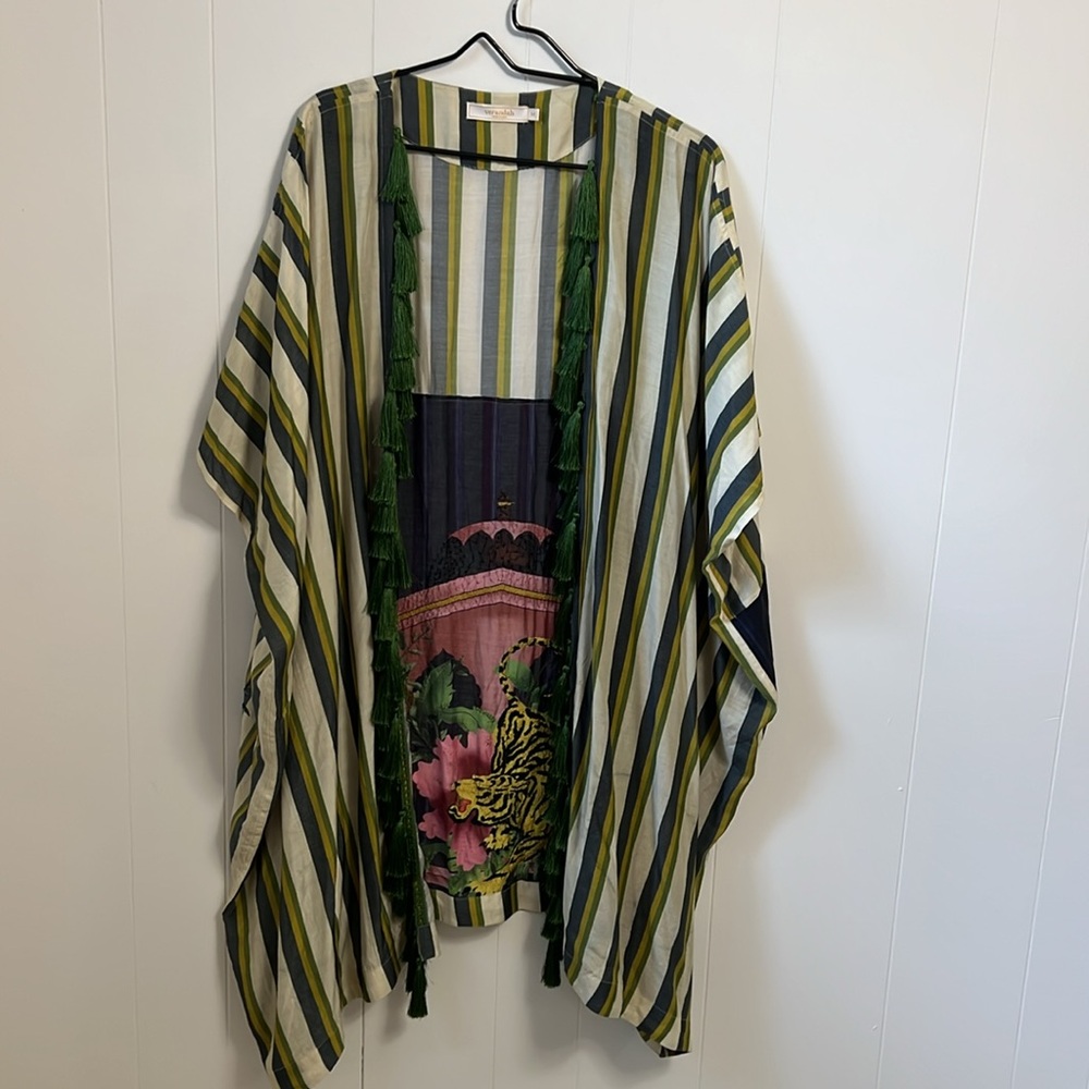 RARE Verandah Hand Beaded Panel Forest Stripe Tiger Kimono Tassels Kaftan Boho M - Picture 4 of 15